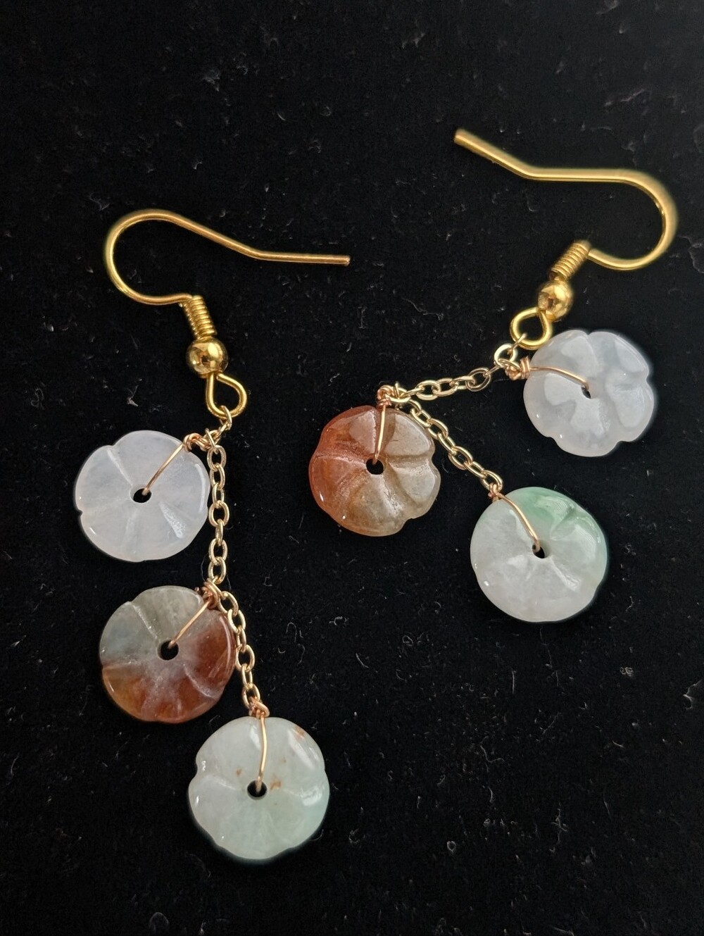 Gold-Tone Multi-Color Authentic Jade Disc-Floral Carved dangle Earrings